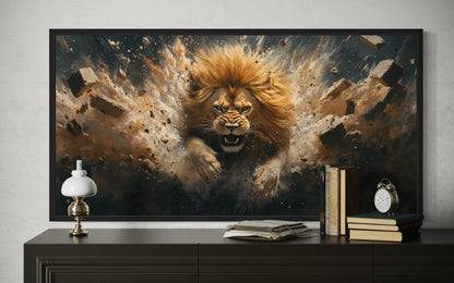 Fierce Lion Breaking Brick Wall Man Cave Or Manly Office Wall Decor Canvas Wall Art