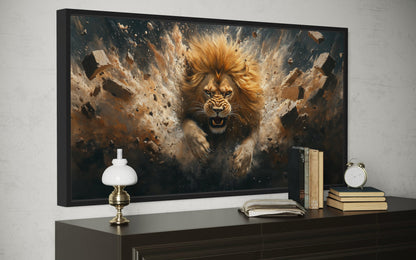 Fierce Lion Breaking Brick Wall Man Cave Or Manly Office Wall Decor Canvas Wall Art