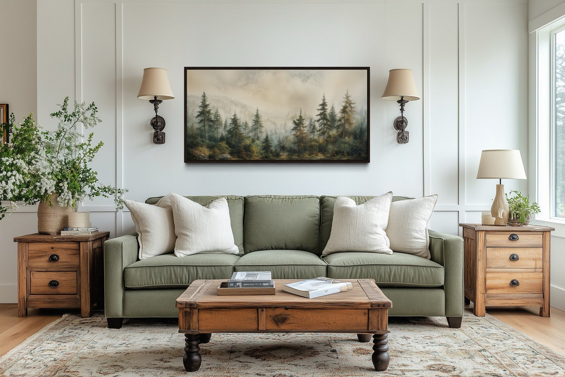 Fir Tree Forest Sage Green Framed Canvas Wall Art