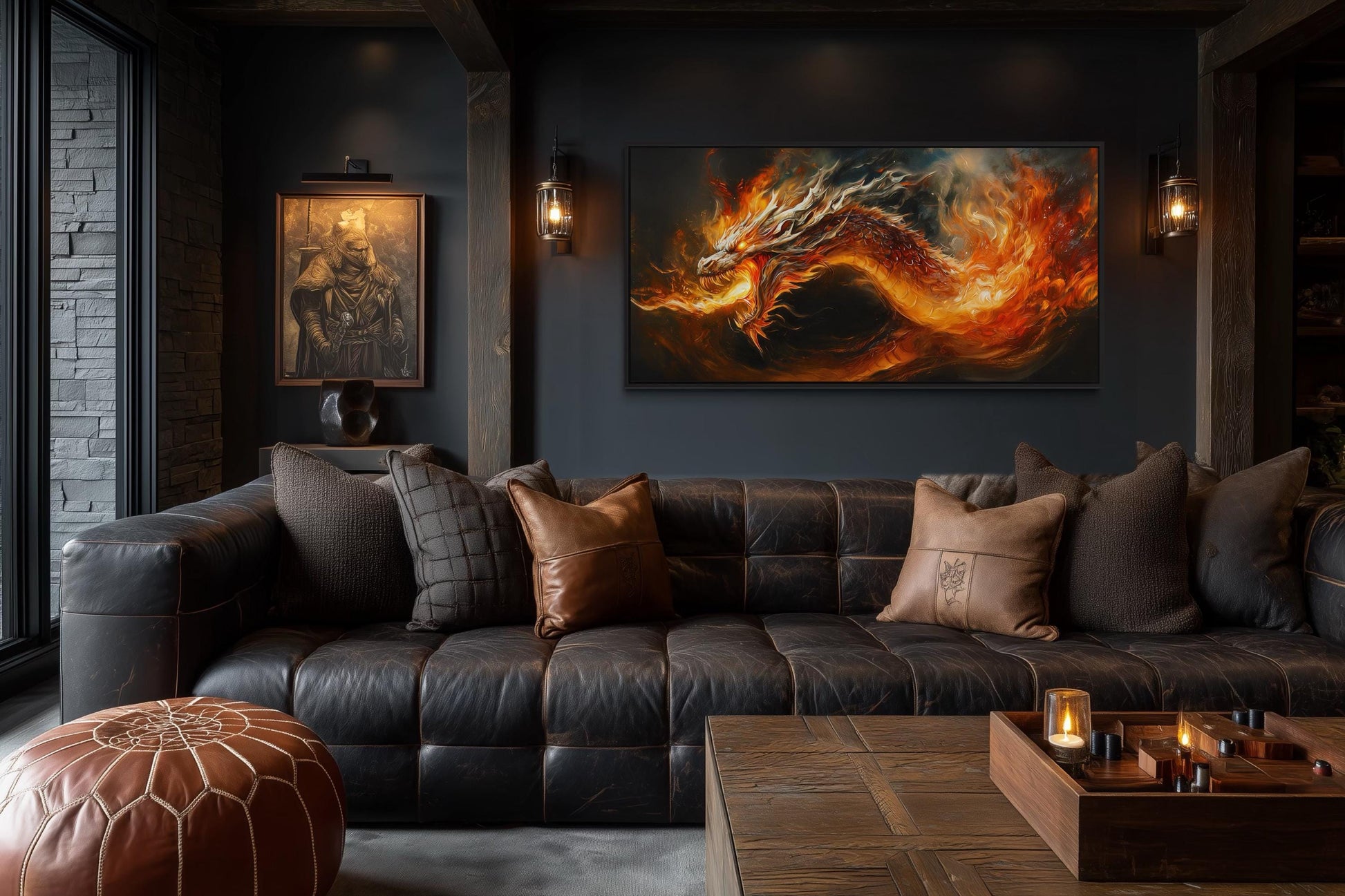 Fire Breathing Dragon Framed Canvas Wall Art For Man Cave