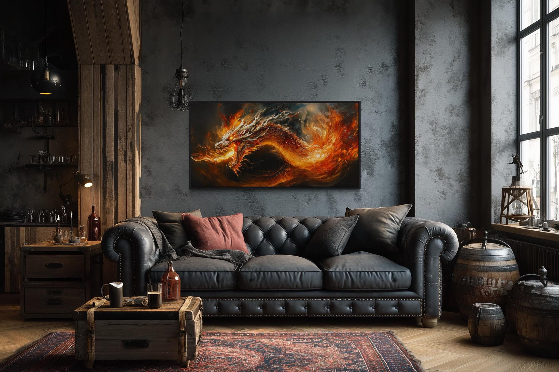 Fire Breathing Dragon Framed Canvas Wall Art For Man Cave