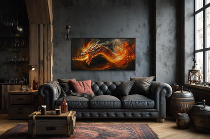 Fire Breathing Dragon Framed Canvas Wall Art For Man Cave