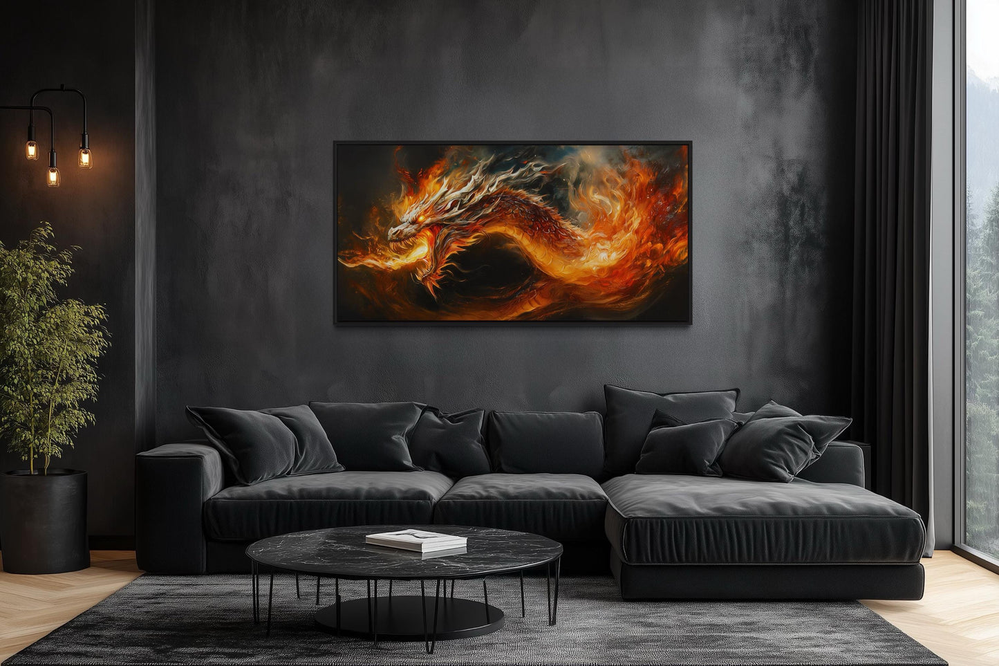 Fire Breathing Dragon Framed Canvas Wall Art For Man Cave