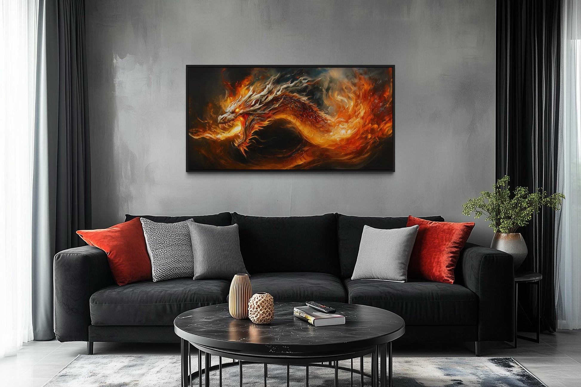 Fire Breathing Dragon Framed Canvas Wall Art For Man Cave