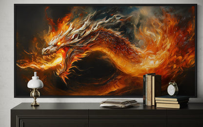 Fire Breathing Dragon Framed Canvas Wall Art For Man Cave