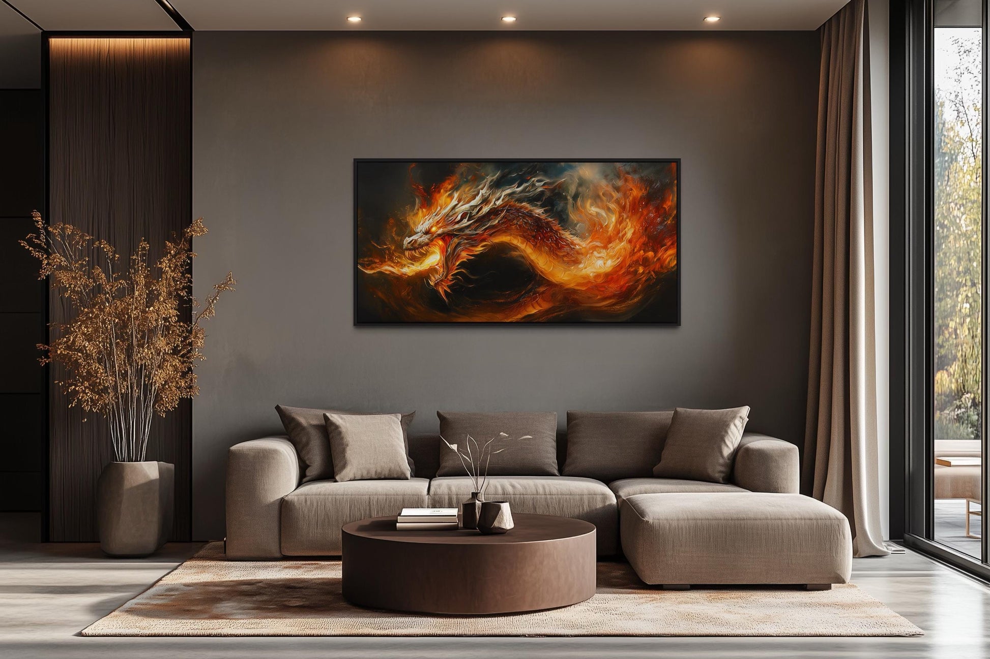 Fire Breathing Dragon Framed Canvas Wall Art For Man Cave