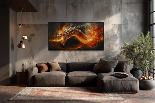 Fire Breathing Dragon Framed Canvas Wall Art For Man Cave