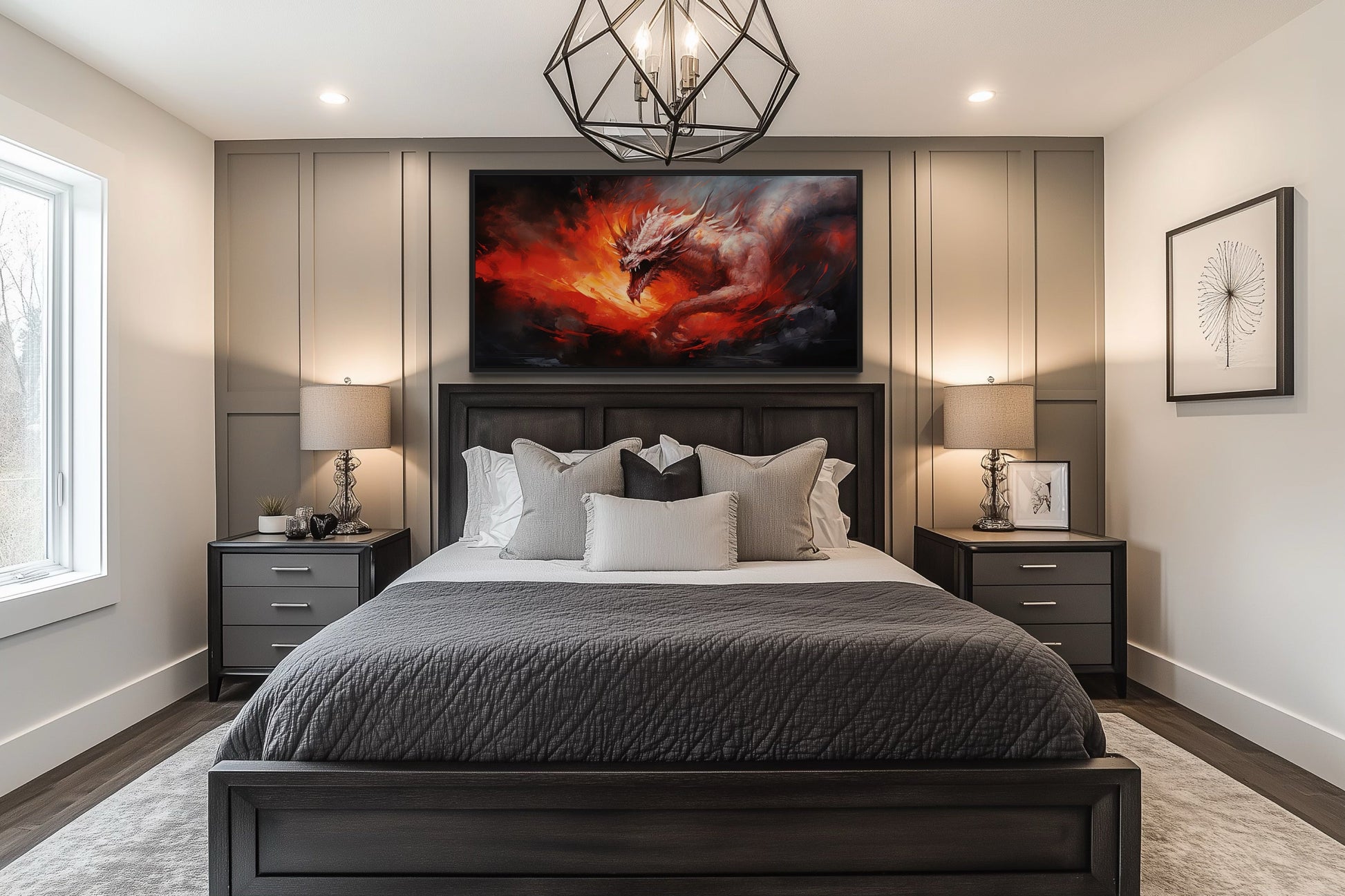 Fire Breathing Red Dragon Framed Canvas Wall Art
