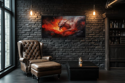 Fire Breathing Red Dragon Framed Canvas Wall Art