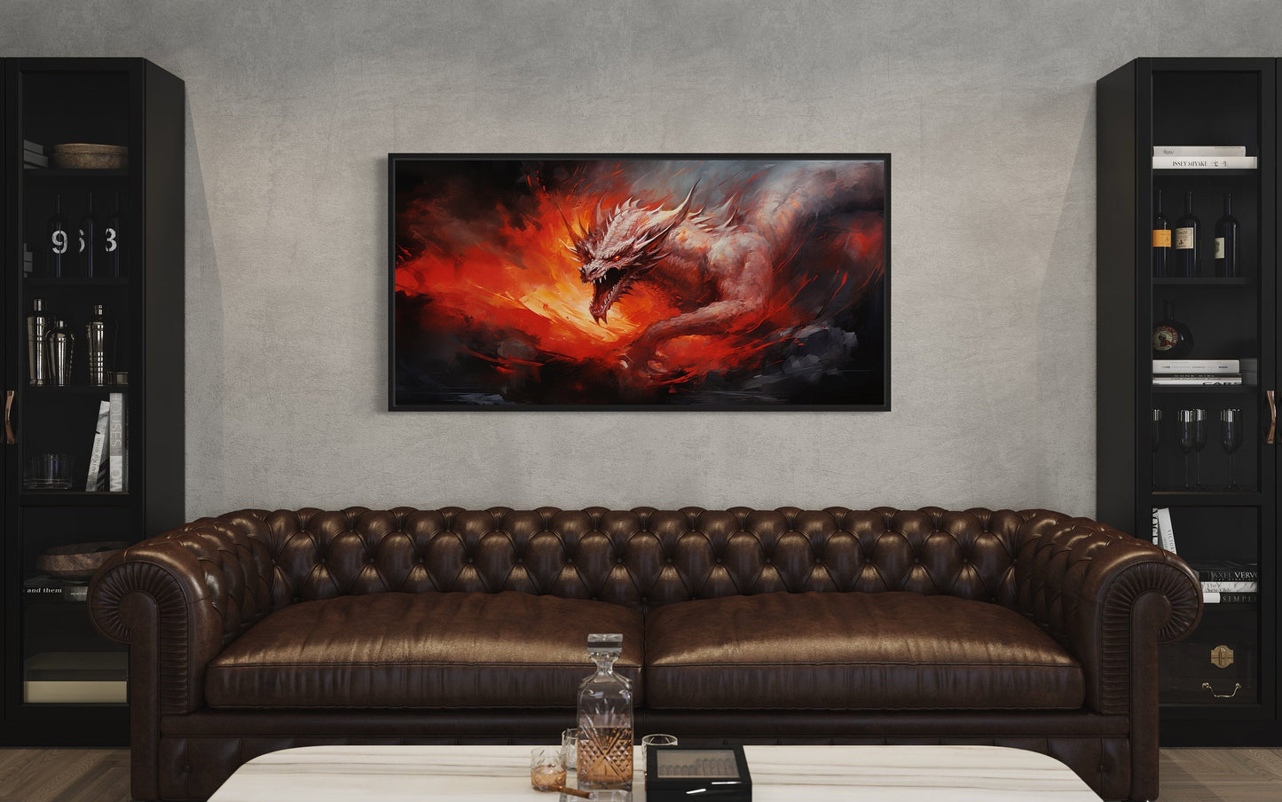Fire Breathing Red Dragon Framed Canvas Wall Art