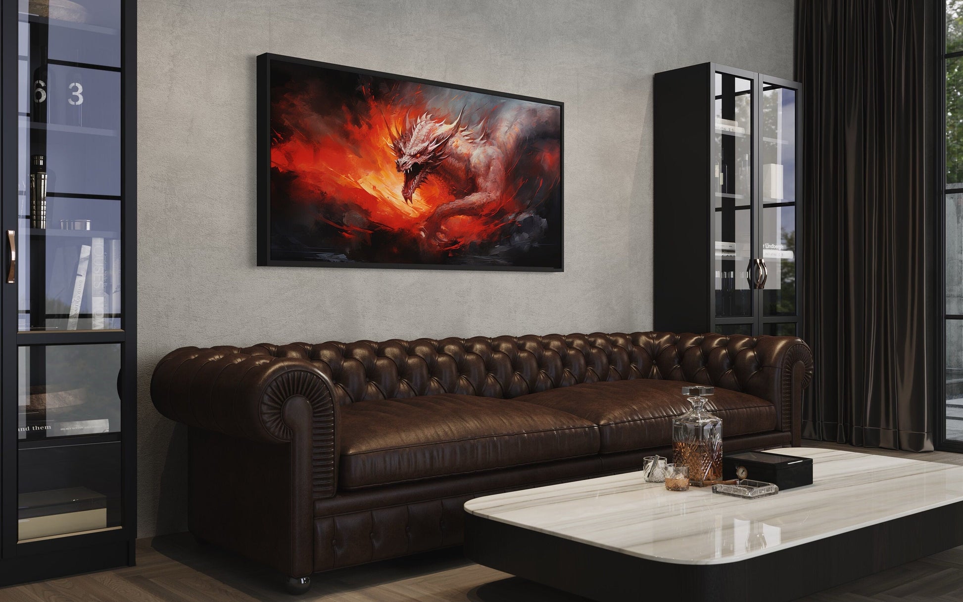 Fire Breathing Red Dragon Framed Canvas Wall Art