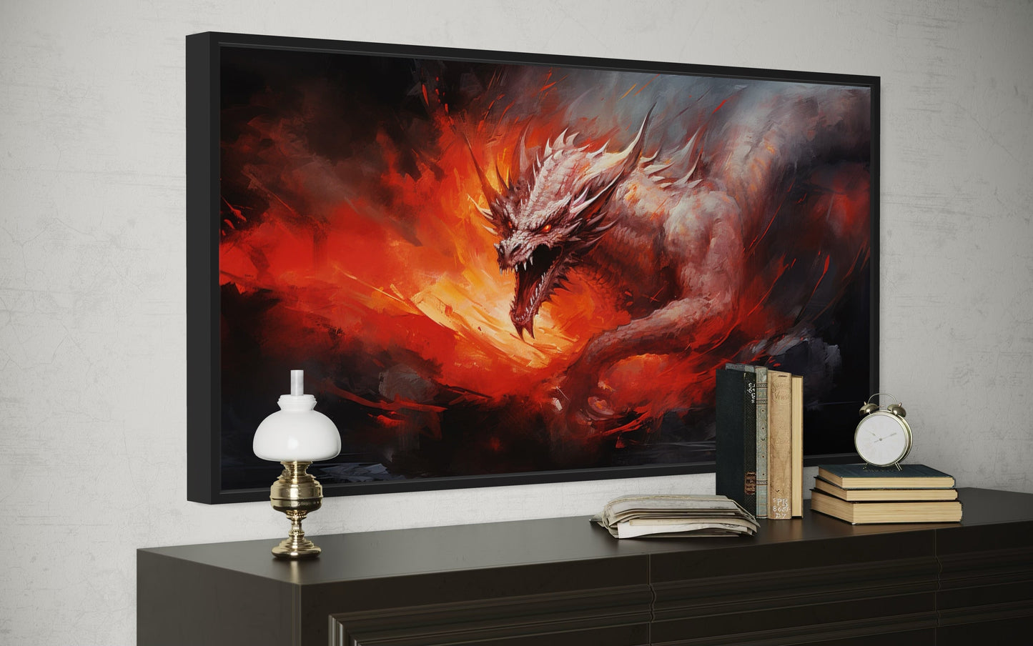 Fire Breathing Red Dragon Framed Canvas Wall Art