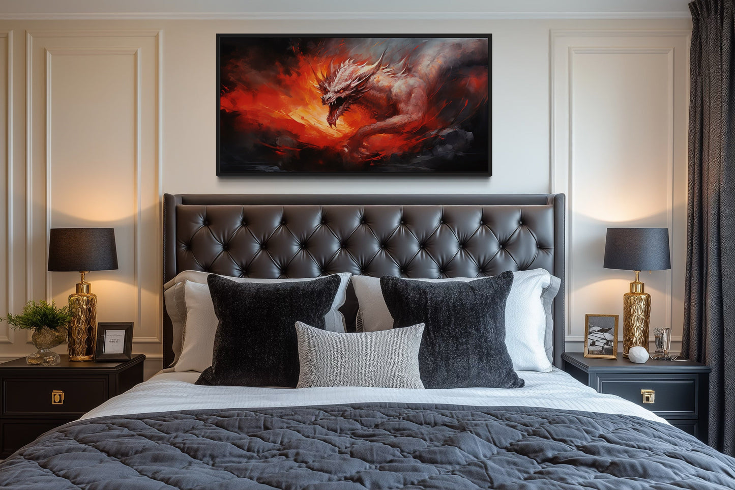Fire Breathing Red Dragon Framed Canvas Wall Art