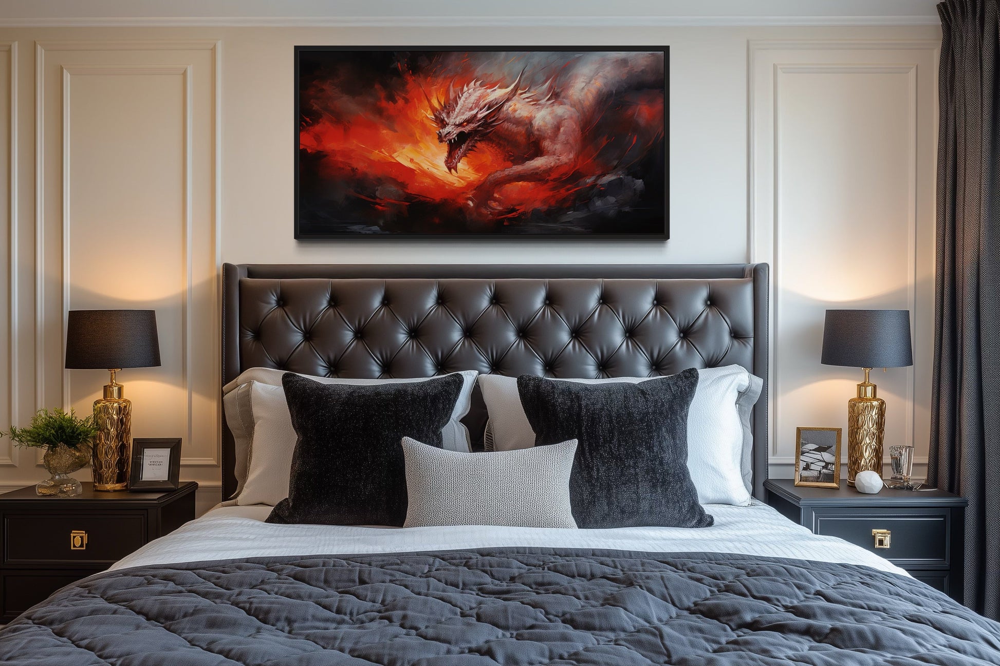 Fire Breathing Red Dragon Framed Canvas Wall Art