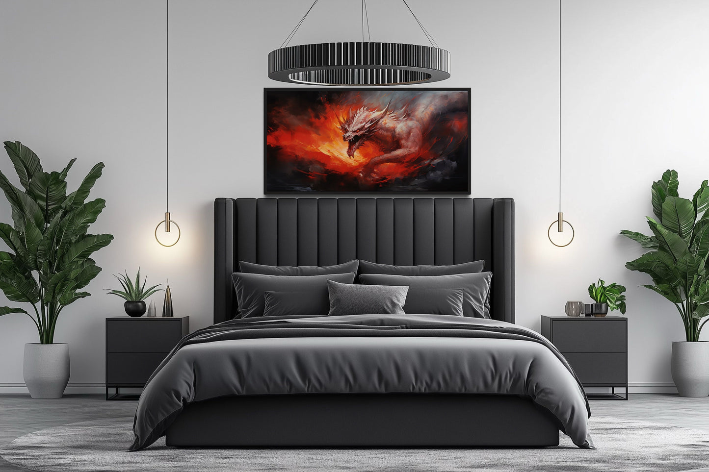 Fire Breathing Red Dragon Framed Canvas Wall Art