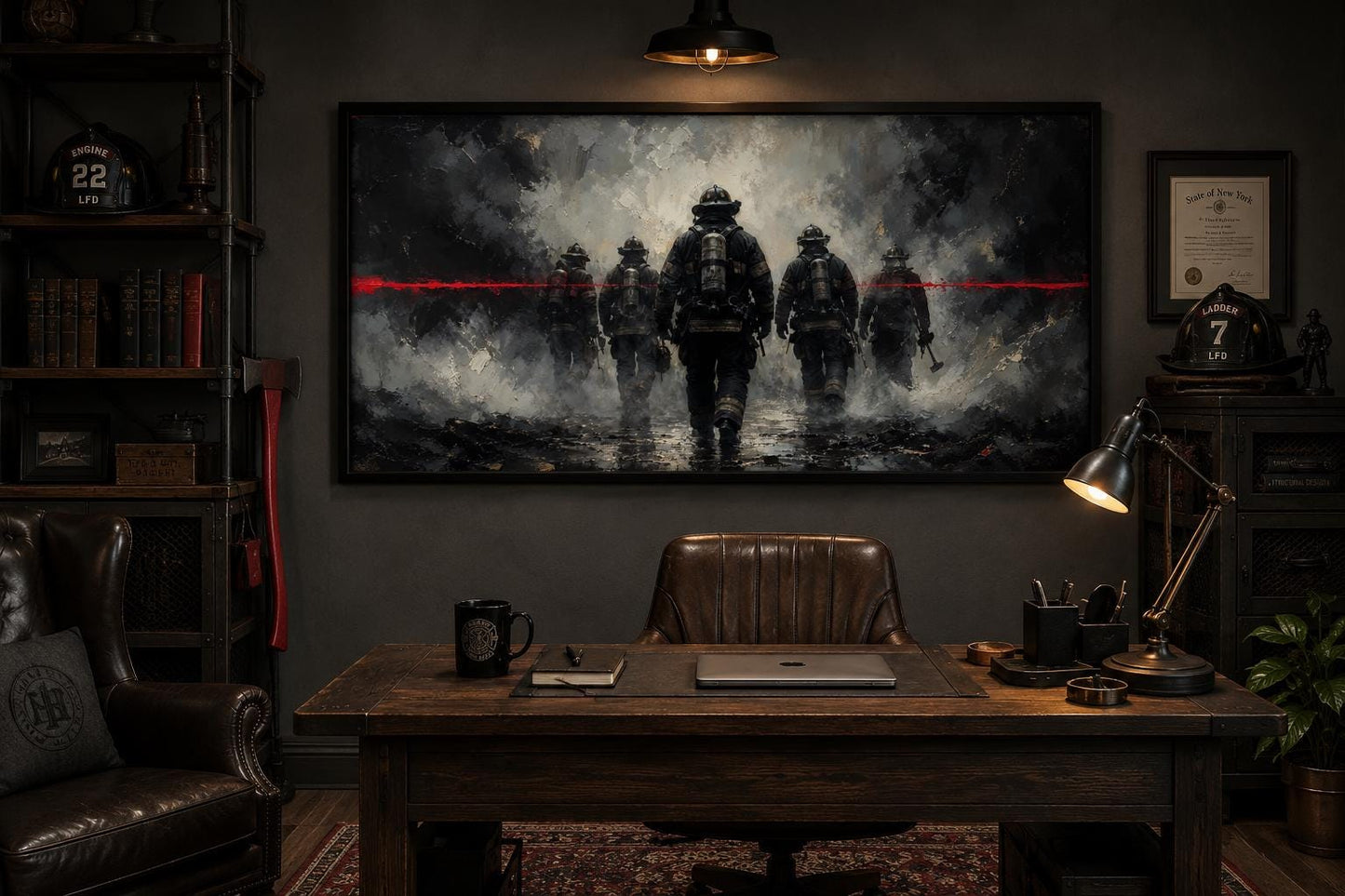 Firefighter Wall Art – Thin Red Line Canvas | Fire Station Office Decor