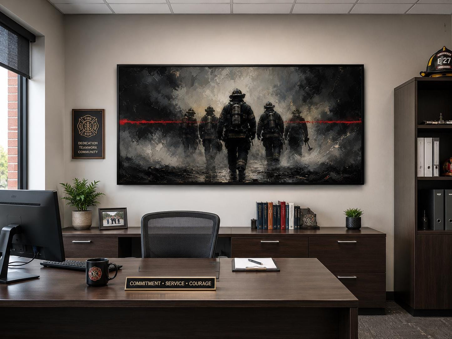 Firefighter Wall Art – Thin Red Line Canvas | Fire Station Office Decor