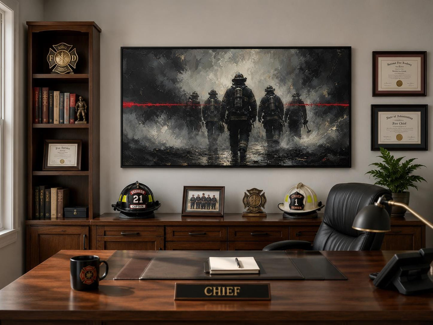 Firefighter Wall Art – Thin Red Line Canvas | Fire Station Office Decor