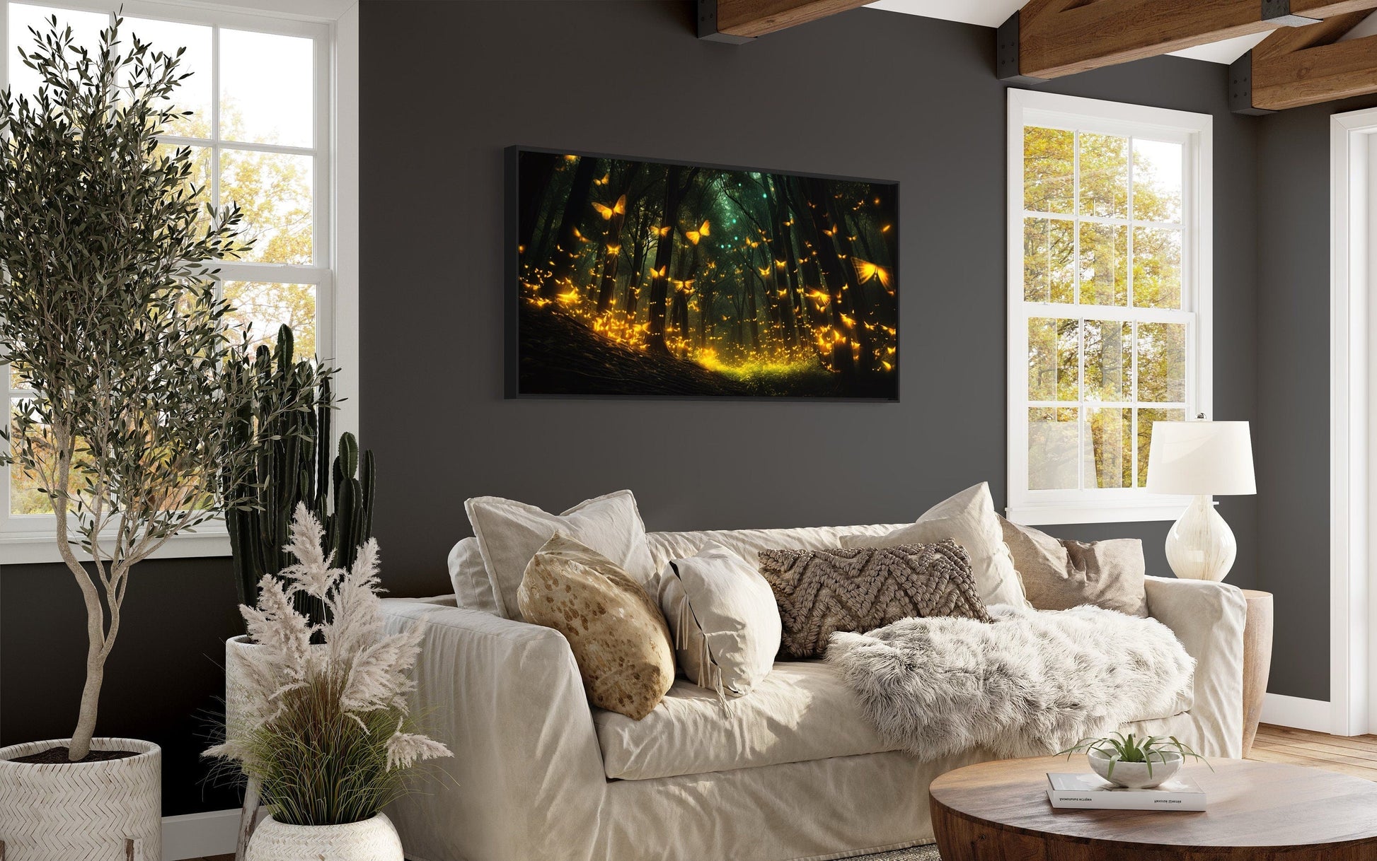Fireflies In The Dark Forest Framed Canvas Wall Art