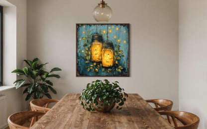 Fireflies in Mason Jars Canvas Wall Art for Farmhouse Decor