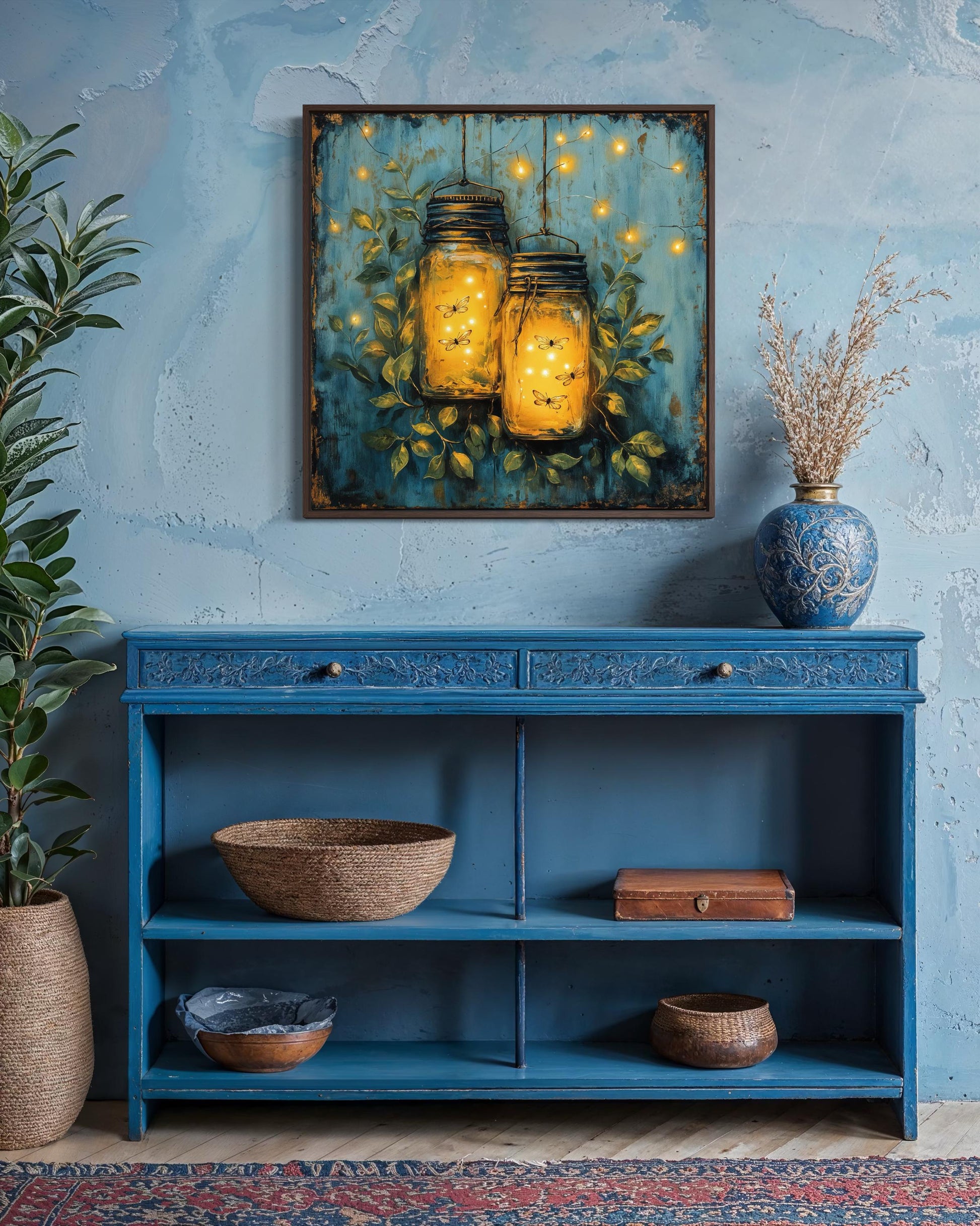 Fireflies in Mason Jars Canvas Wall Art for Farmhouse Decor