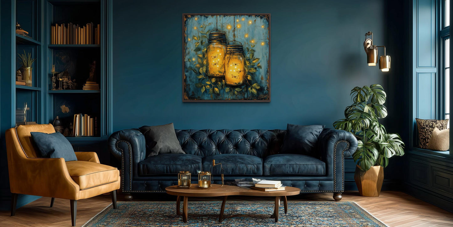 Fireflies in Mason Jars Canvas Wall Art for Farmhouse Decor