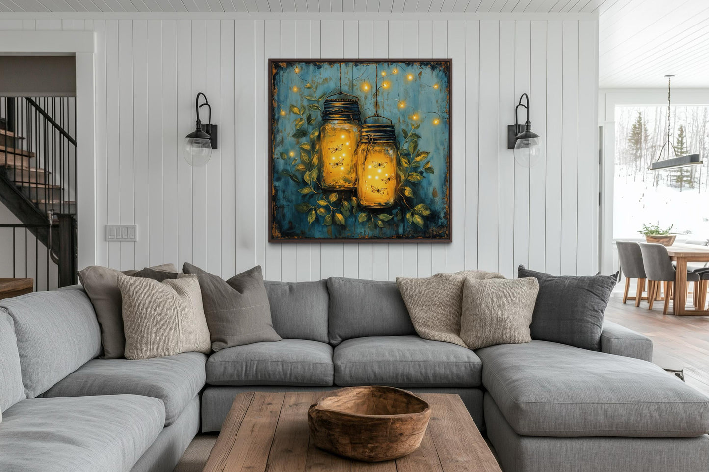 Fireflies in Mason Jars Canvas Wall Art for Farmhouse Decor