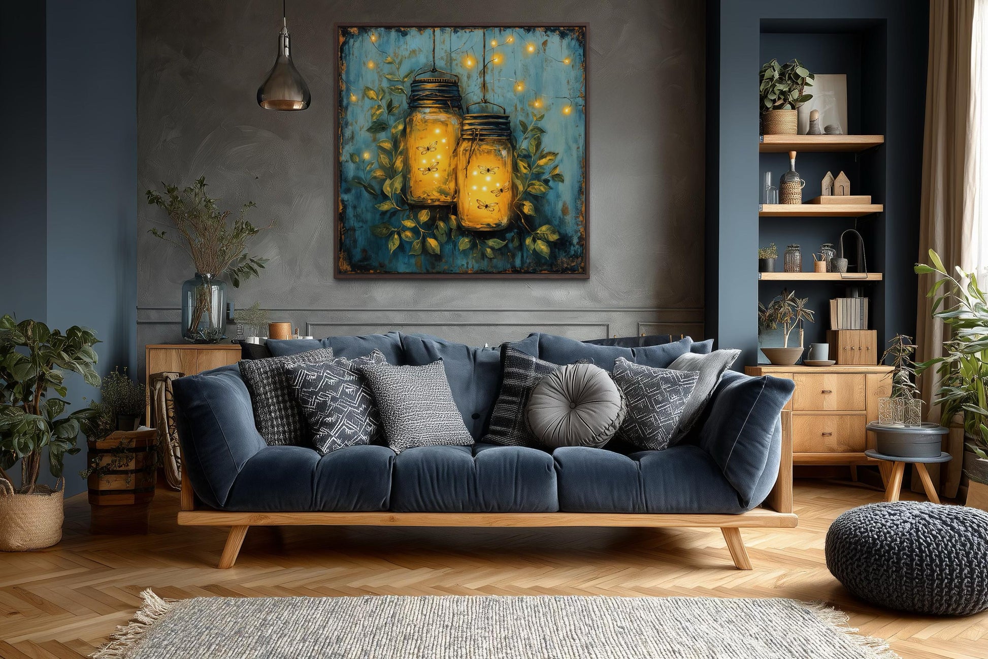 Fireflies in Mason Jars Canvas Wall Art for Farmhouse Decor