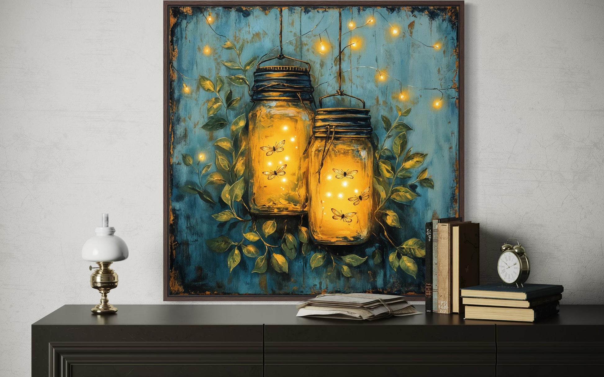 Fireflies in Mason Jars Canvas Wall Art for Farmhouse Decor