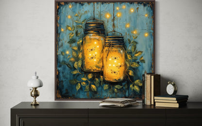 Fireflies in Mason Jars Canvas Wall Art for Farmhouse Decor