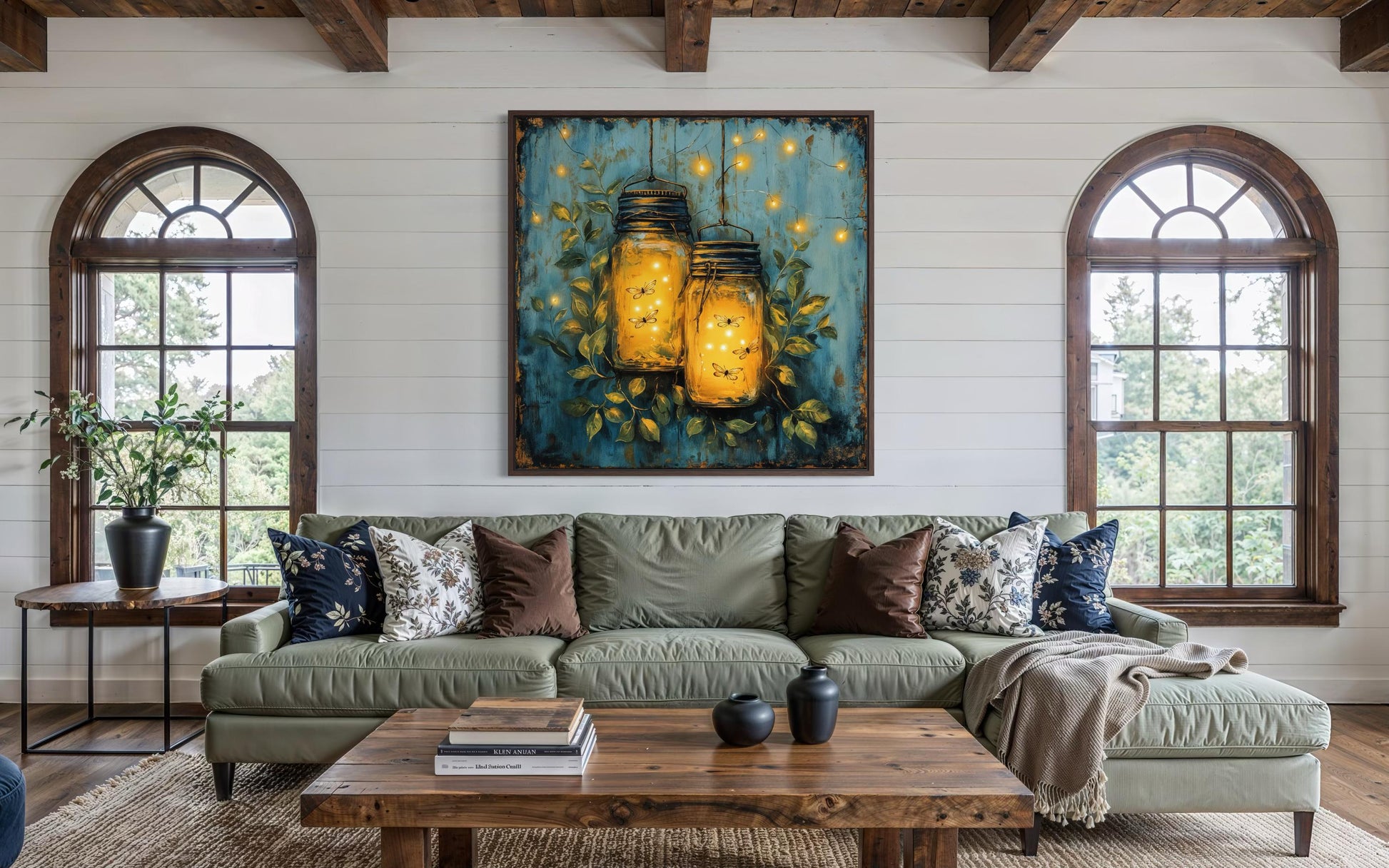 Fireflies in Mason Jars Canvas Wall Art for Farmhouse Decor