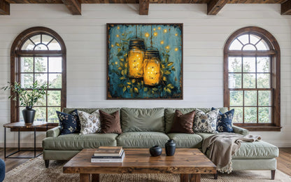 Fireflies in Mason Jars Canvas Wall Art for Farmhouse Decor