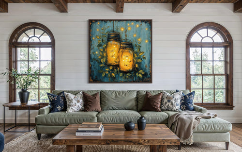 Fireflies in Mason Jars Canvas Wall Art for Farmhouse Decor