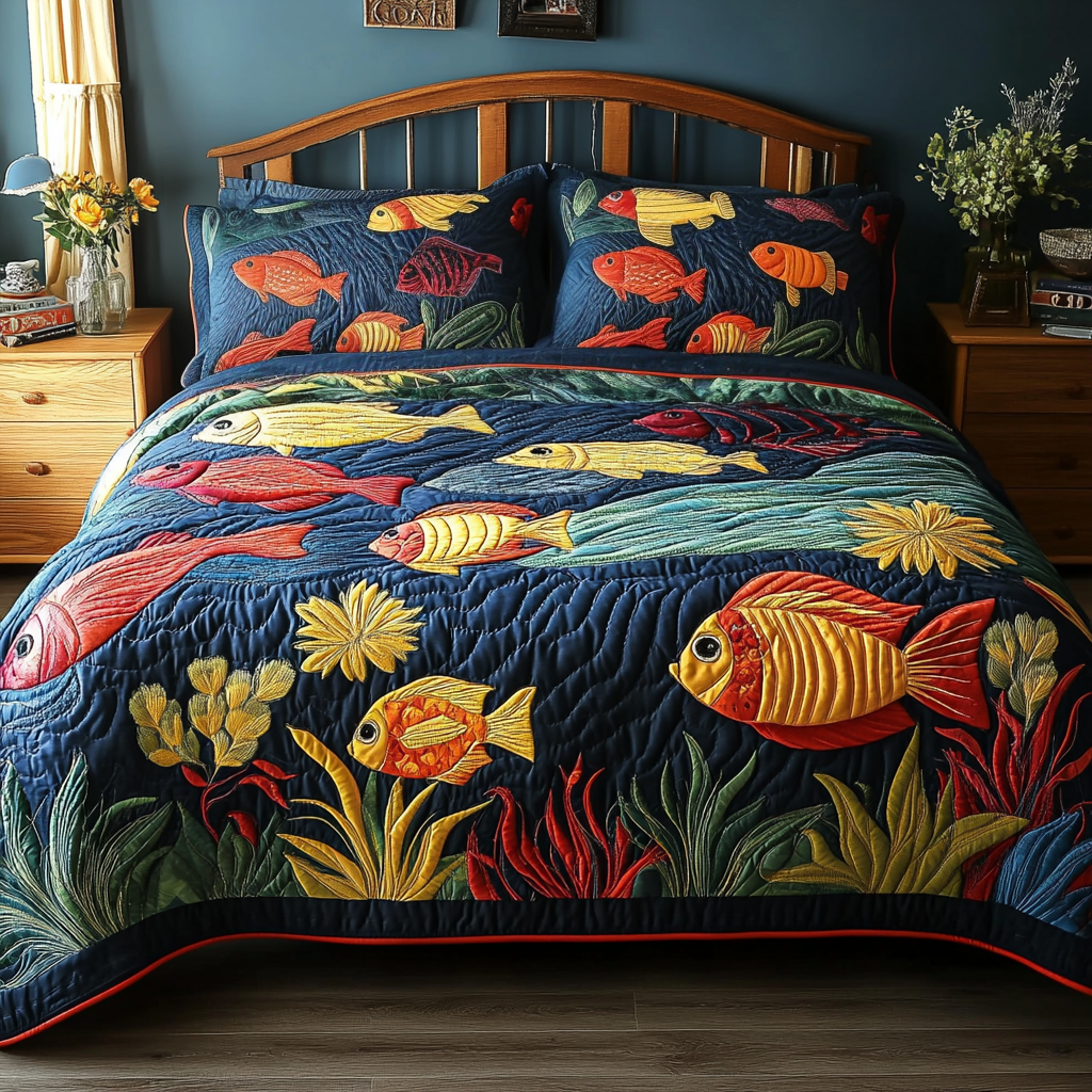 Fish Parade 3-Piece Quilted Bedding Set - Single (59" x 70")