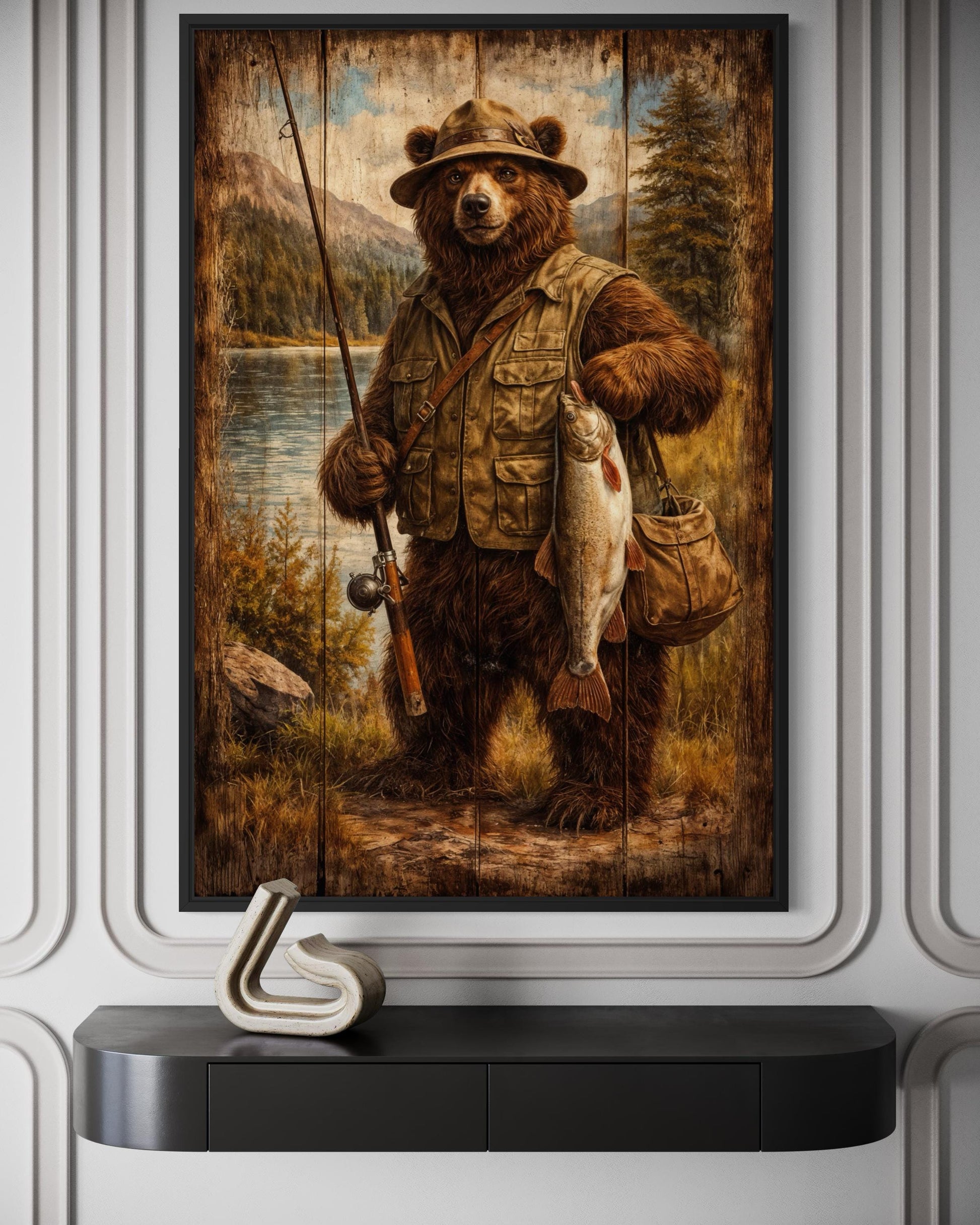 Fishing Bear Wall Art - Rustic Brown Bear Artwork | Lodge Style Canvas Print