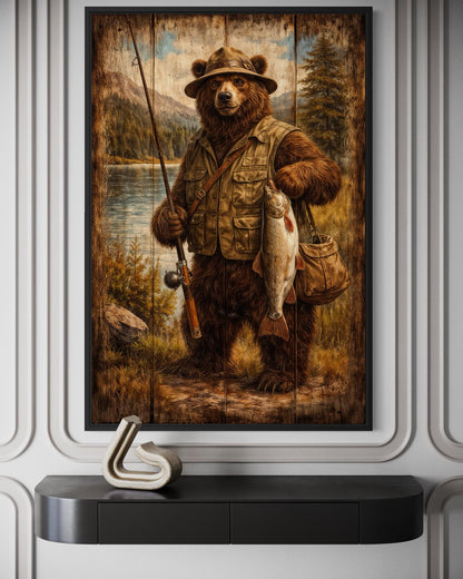 Fishing Bear Wall Art - Rustic Brown Bear Artwork | Lodge Style Canvas Print