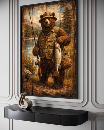 Fishing Bear Wall Art - Rustic Brown Bear Artwork | Lodge Style Canvas Print