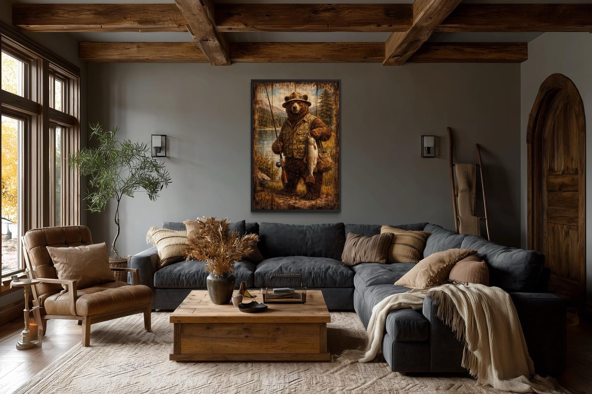 Fishing Bear Wall Art - Rustic Brown Bear Artwork | Lodge Style Canvas Print