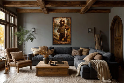 Fishing Bear Wall Art - Rustic Brown Bear Artwork | Lodge Style Canvas Print
