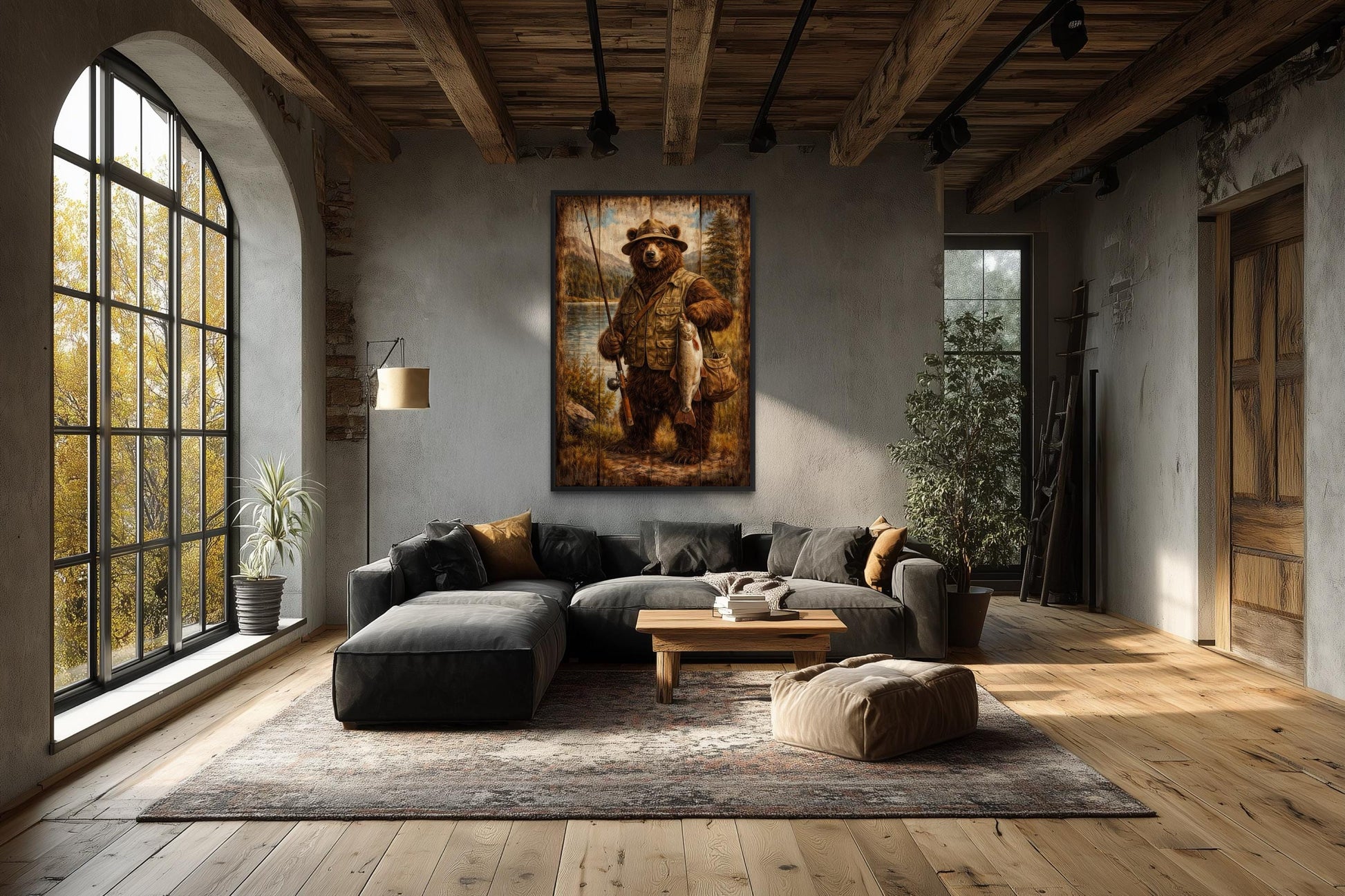 Fishing Bear Wall Art - Rustic Brown Bear Artwork | Lodge Style Canvas Print