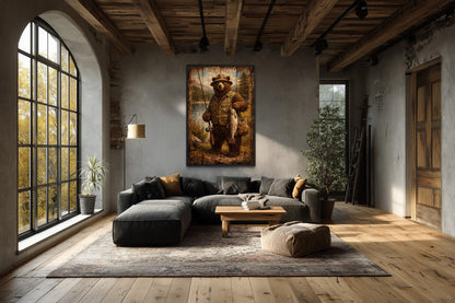 Fishing Bear Wall Art - Rustic Brown Bear Artwork | Lodge Style Canvas Print