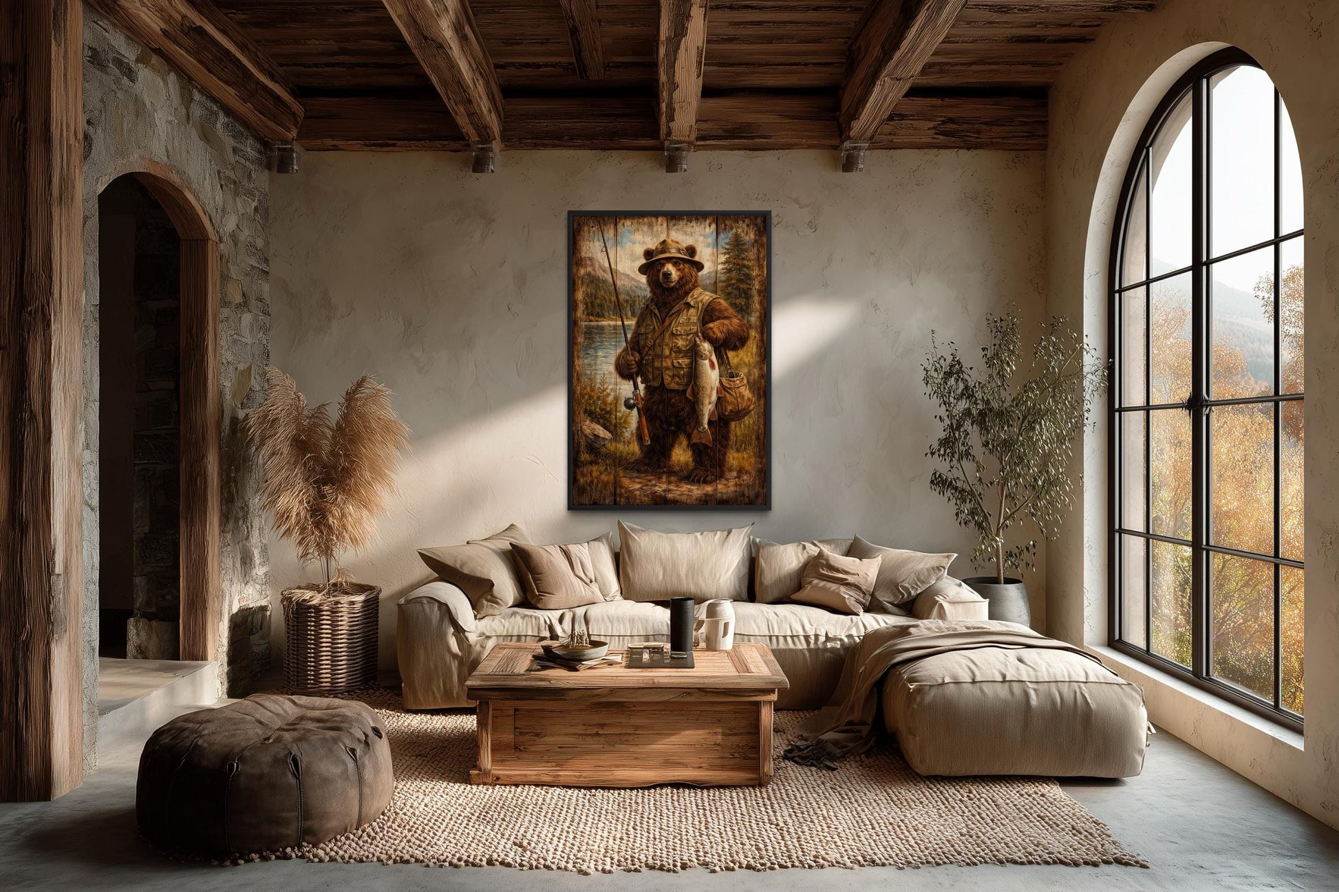 Fishing Bear Wall Art - Rustic Brown Bear Artwork | Lodge Style Canvas Print