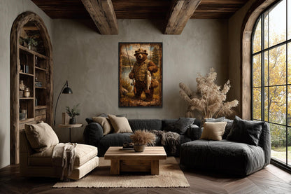 Fishing Bear Wall Art - Rustic Brown Bear Artwork | Lodge Style Canvas Print