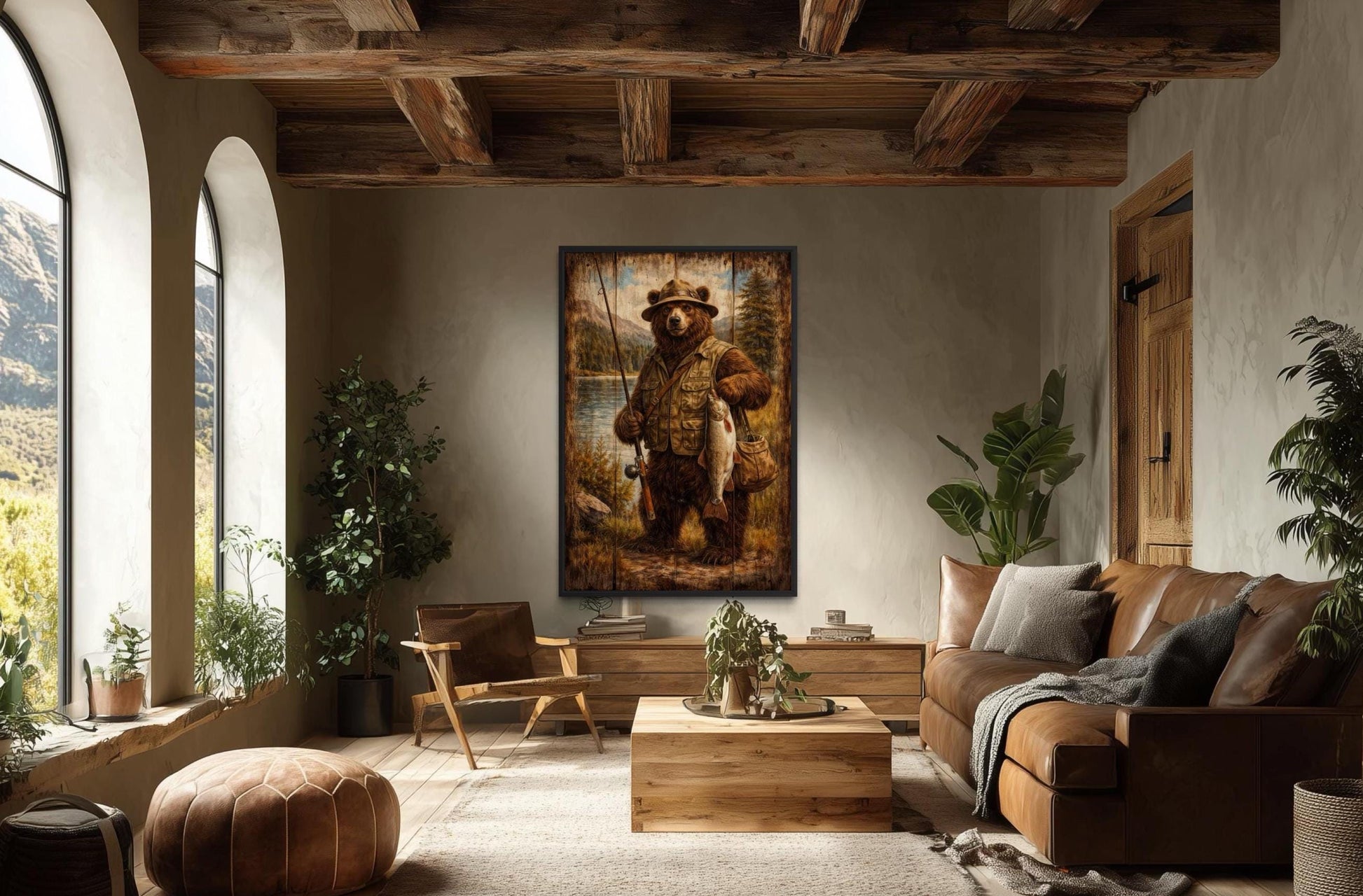 Fishing Bear Wall Art - Rustic Brown Bear Artwork | Lodge Style Canvas Print