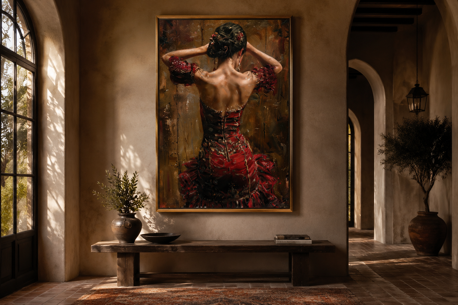 Flamenco Dancer In Red Dress Framed Canvas Wall Art