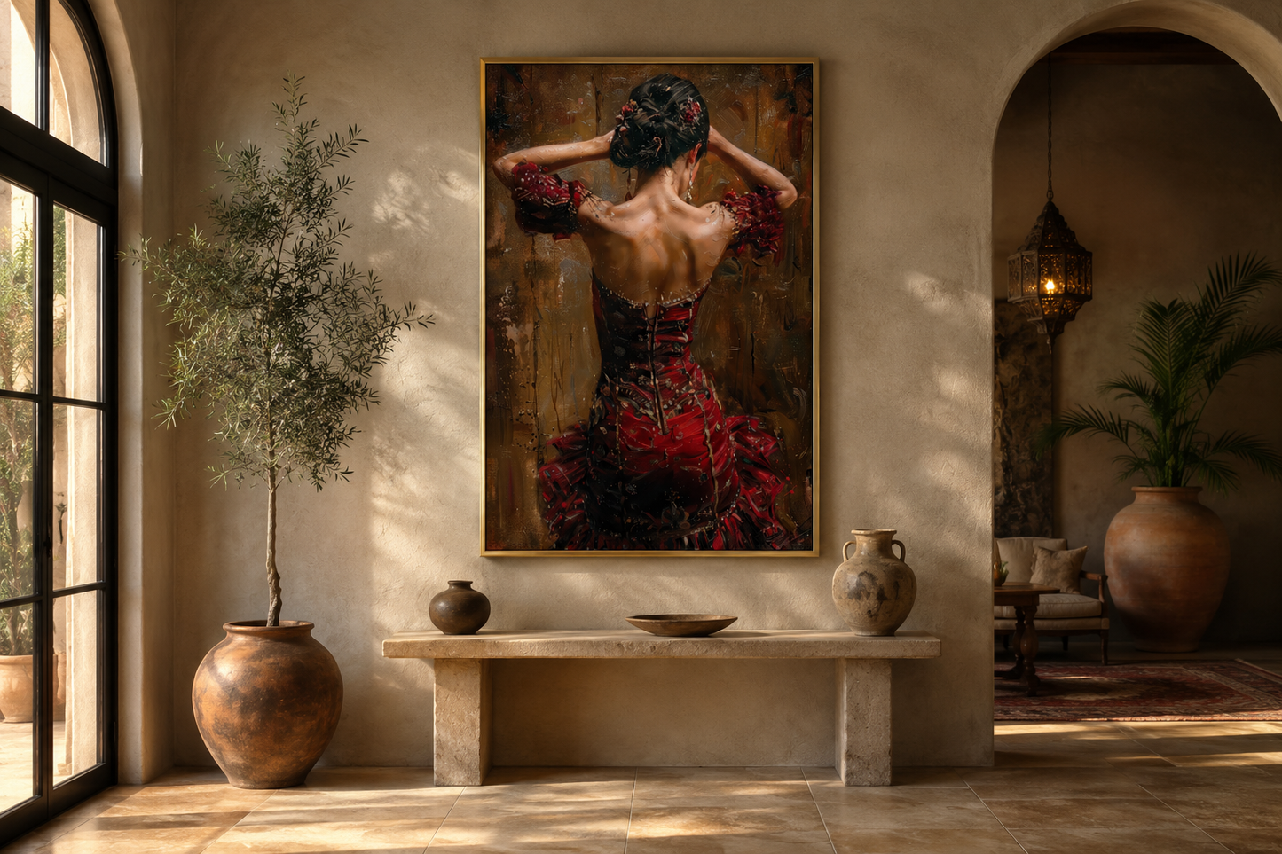 Flamenco Dancer In Red Dress Framed Canvas Wall Art