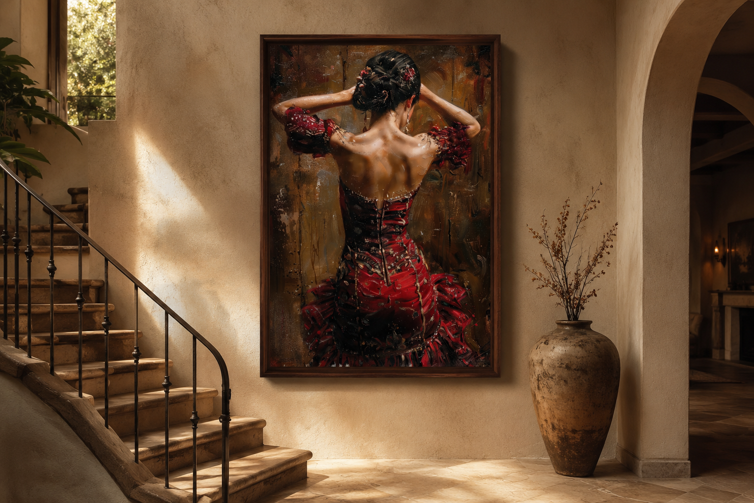 Flamenco Dancer In Red Dress Framed Canvas Wall Art