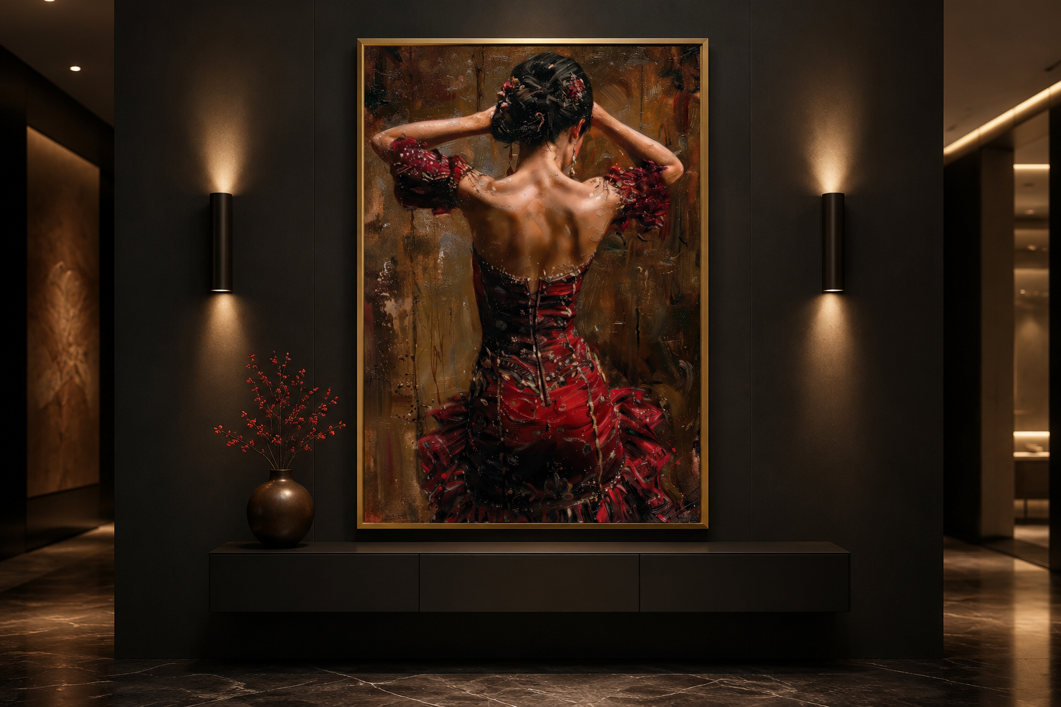 Flamenco Dancer In Red Dress Framed Canvas Wall Art