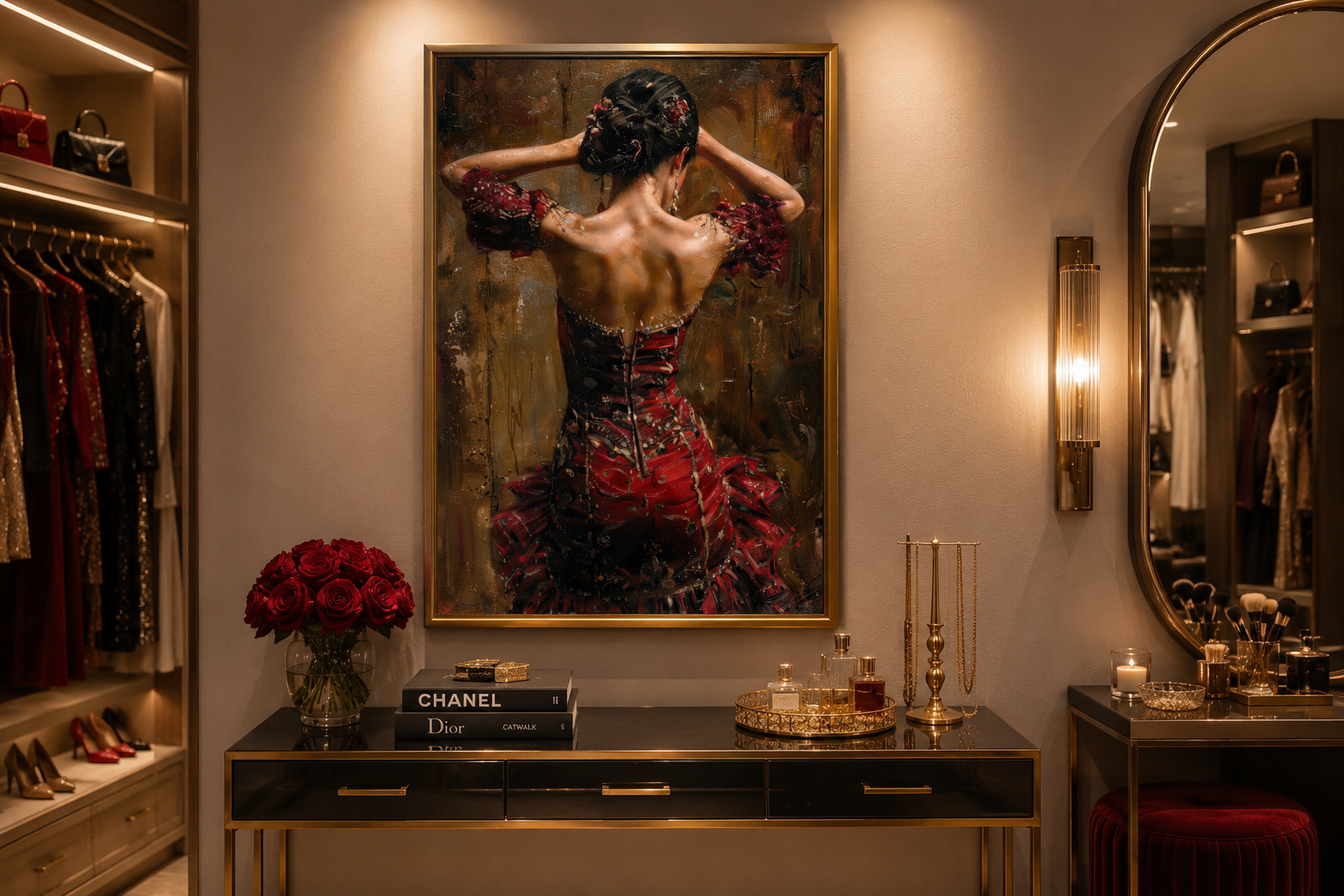 Flamenco Dancer In Red Dress Framed Canvas Wall Art