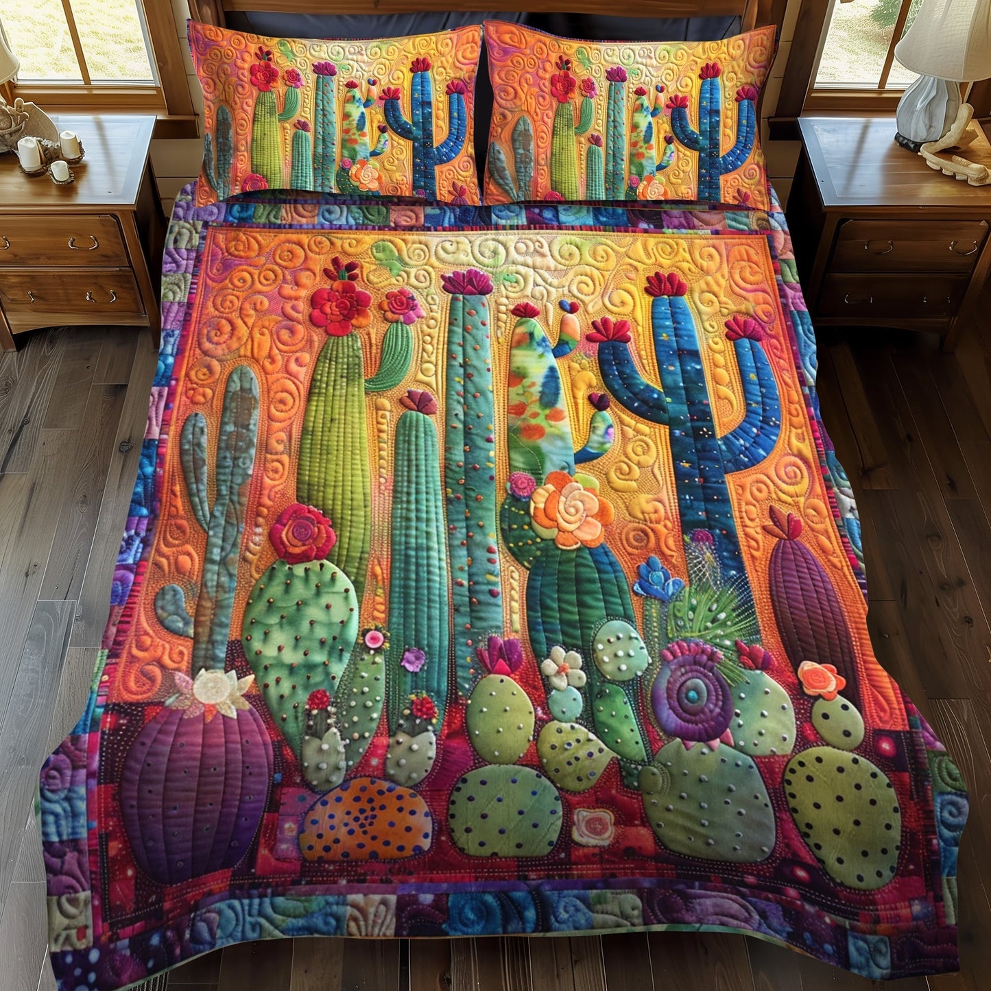 Single (59'' x 70'') /Flowering Cactus 3-Piece Quilted Bedding Set
